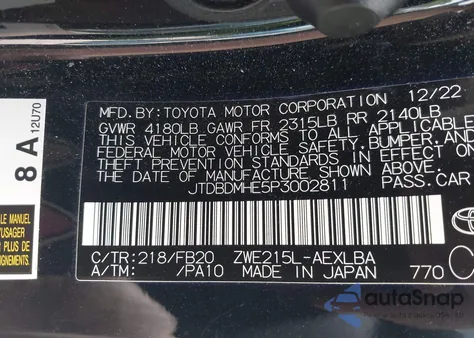 2023 Toyota Corolla Hybrid Le from USA, damaged, VIN JTDBDMHE5P3002811